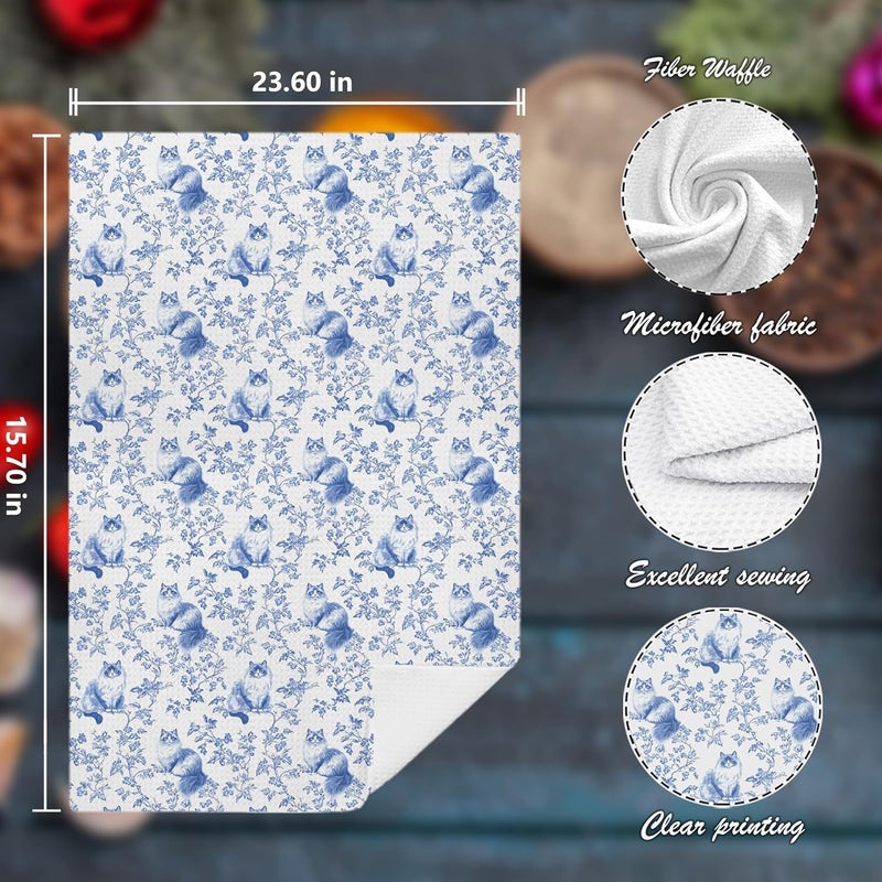 Nipil Chinoiserie Floral Ragdoll Kitchen Towels Set of 2,Blue and White Cat Decor Kitchen Dish Tea Towels Bathroom Gifts for cat Lovers Women Men,16x24 Inch - Image 2